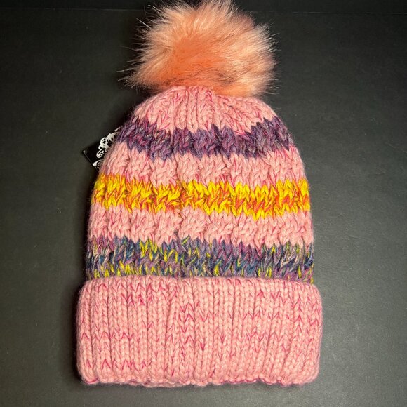 NWT Hots-Wing Womens Pink & Purple Striped Lined Beanie Hat w/ Pom Pom One Size - Picture 6 of 7